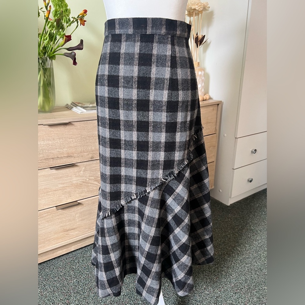 Plaid Check Ruffle Asymmetrical Midi Knee-Length High-Waist Modest Fringe Skirt - Picture 11 of 16